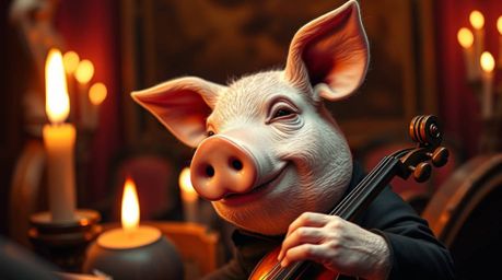 Experience an extreme macro close-up of a whimsical pig character passionately conducting an orchestra, illuminated by warm c