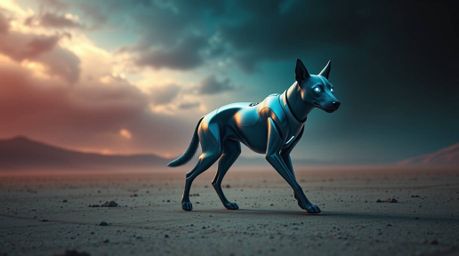 A sleek, metallic futuristic dog with glowing blue eyes strides across a desolate space landscape under a dramatic, deep teal