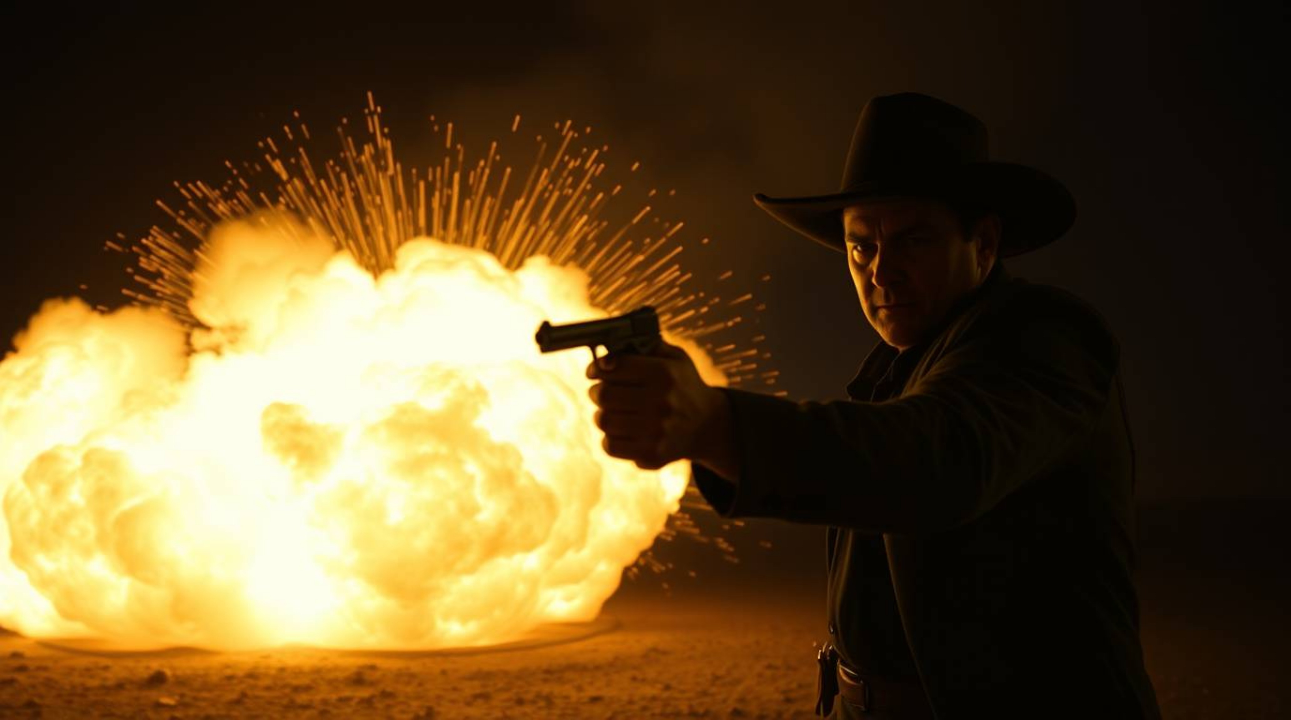 Experience a classic exploding TNT gag set in the Wild West, rendered in a dramatic cinematic style. This high-contrast scene