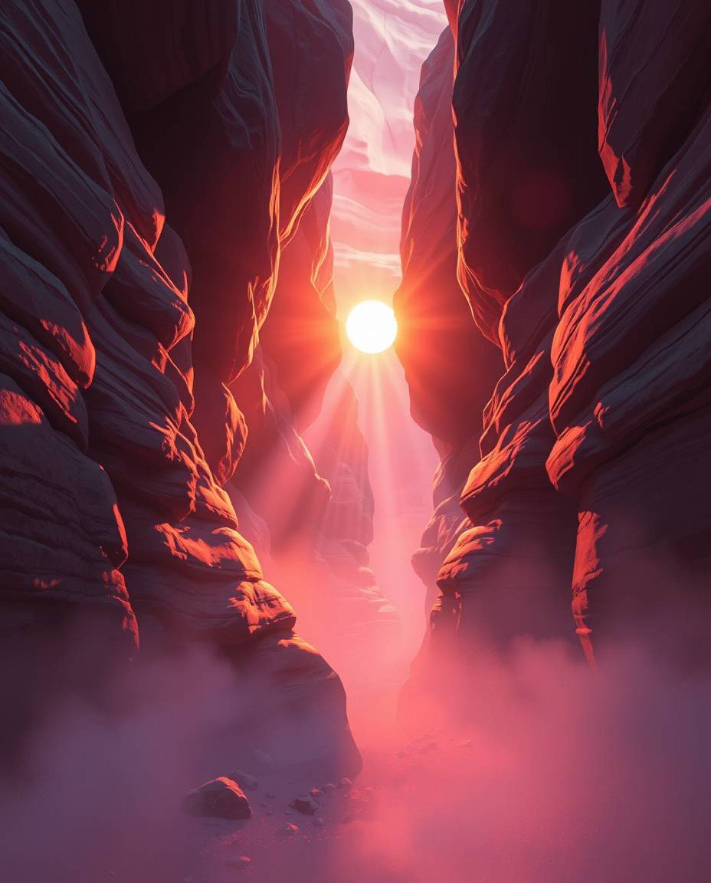 A digital painting captures a sunset illuminating sandstone cliffs in a canyon. The artwork is distinguished by its stunning 