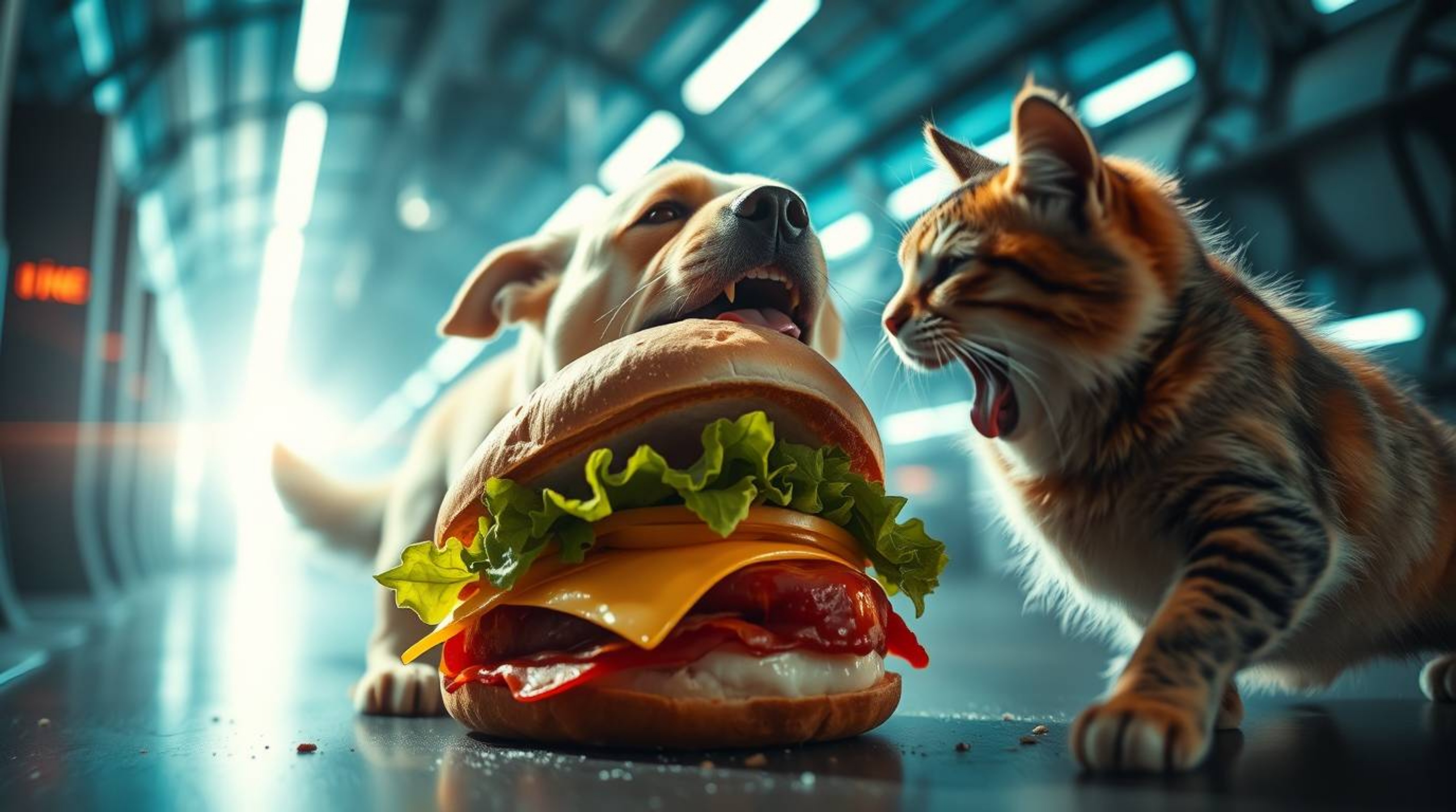 Witness an epic, futuristic battle as a dog and cat fiercely contend for a colossal sandwich. The scene is brought to life wi