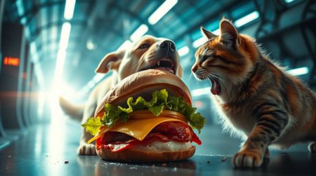 Witness an epic, futuristic battle as a dog and cat fiercely contend for a colossal sandwich. The scene is brought to life wi