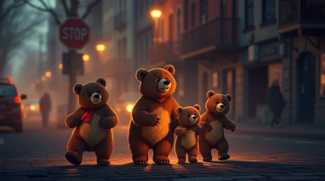 A heartwarming scene depicts a bear family embarking on a gentle urban adventure, bathed in the soft, warm glow of reds, oran