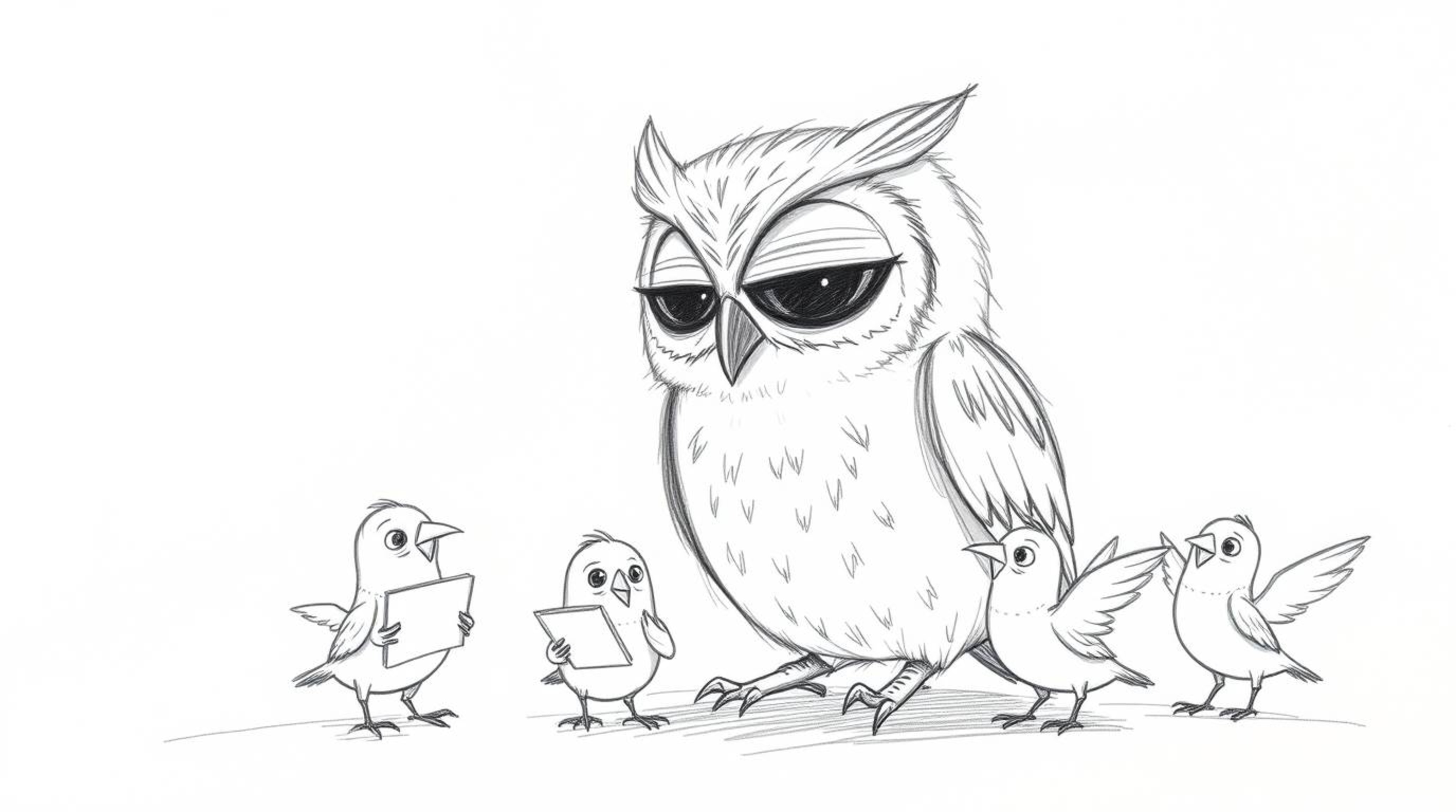 A heartwarming hand-drawn sketch reminiscent of Pixar, featuring a blind owl mentoring a group of birds as they sketch their 