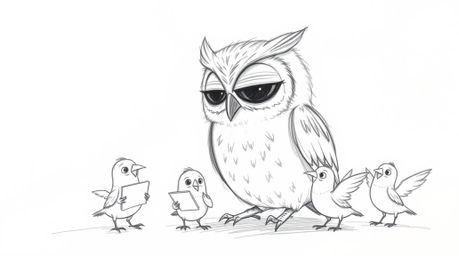 A heartwarming hand-drawn sketch reminiscent of Pixar, featuring a blind owl mentoring a group of birds as they sketch their 