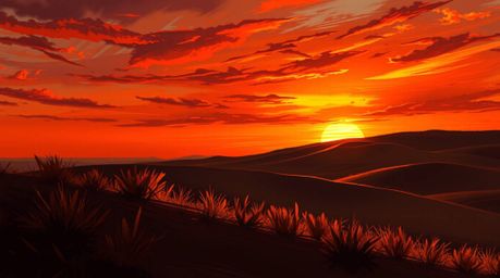 A stunning digital painting captures a vibrant sunset at the edge of a desert landscape.  Golden dunes stretch across the hor