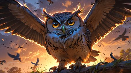 In a stunning and serene scene that blends the styles of Pixar and anime, a wise blind owl instructs other birds on how to fl