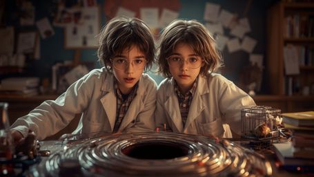 In a cinematic, whimsical photograph reminiscent of Pixar's signature style, a dynamic science fair duo, a boy and girl aroun