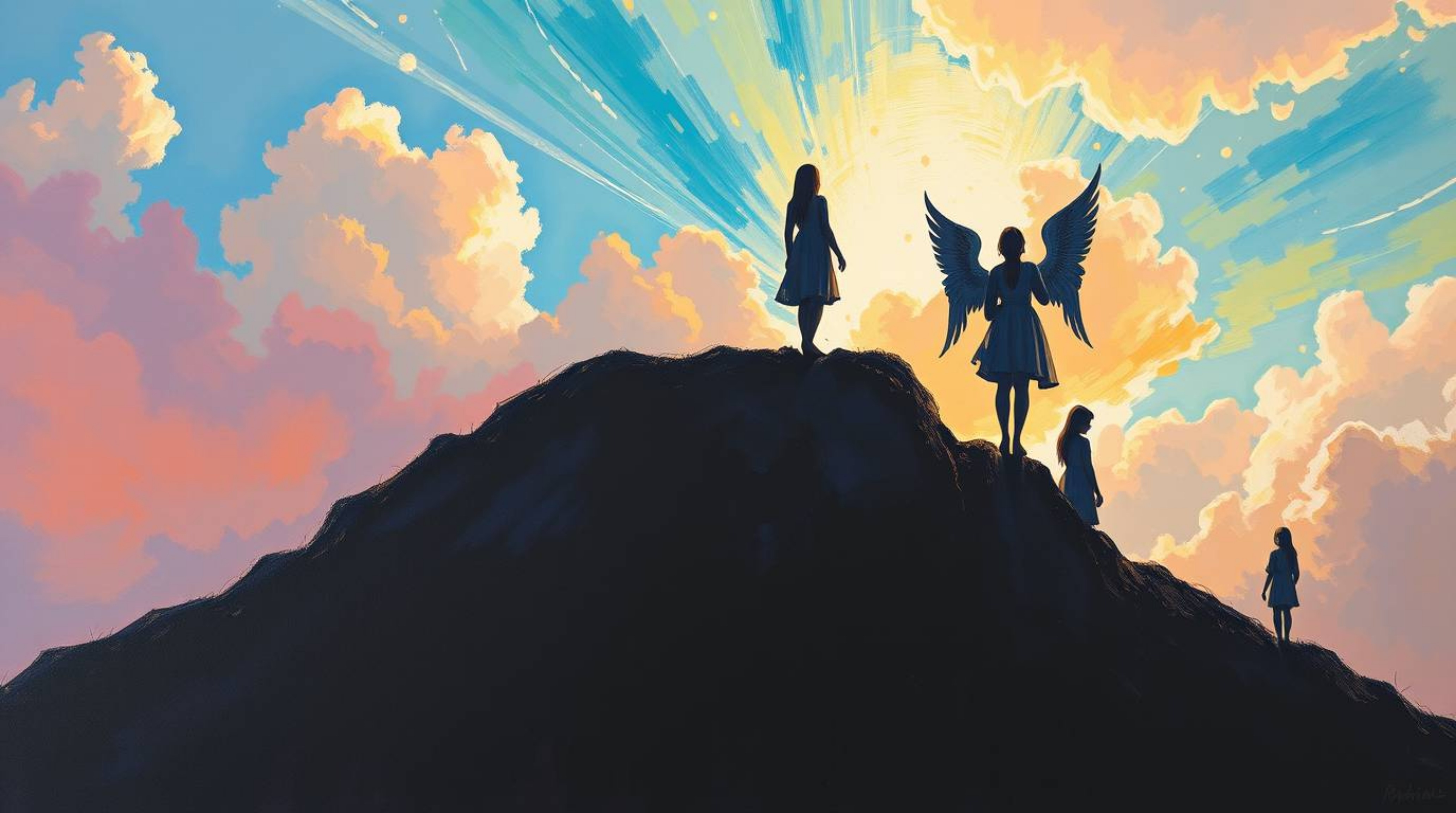 Experience the ethereal beauty of this bold acrylic painting, featuring steps of light ascending into a cloudy sky. Silhouett