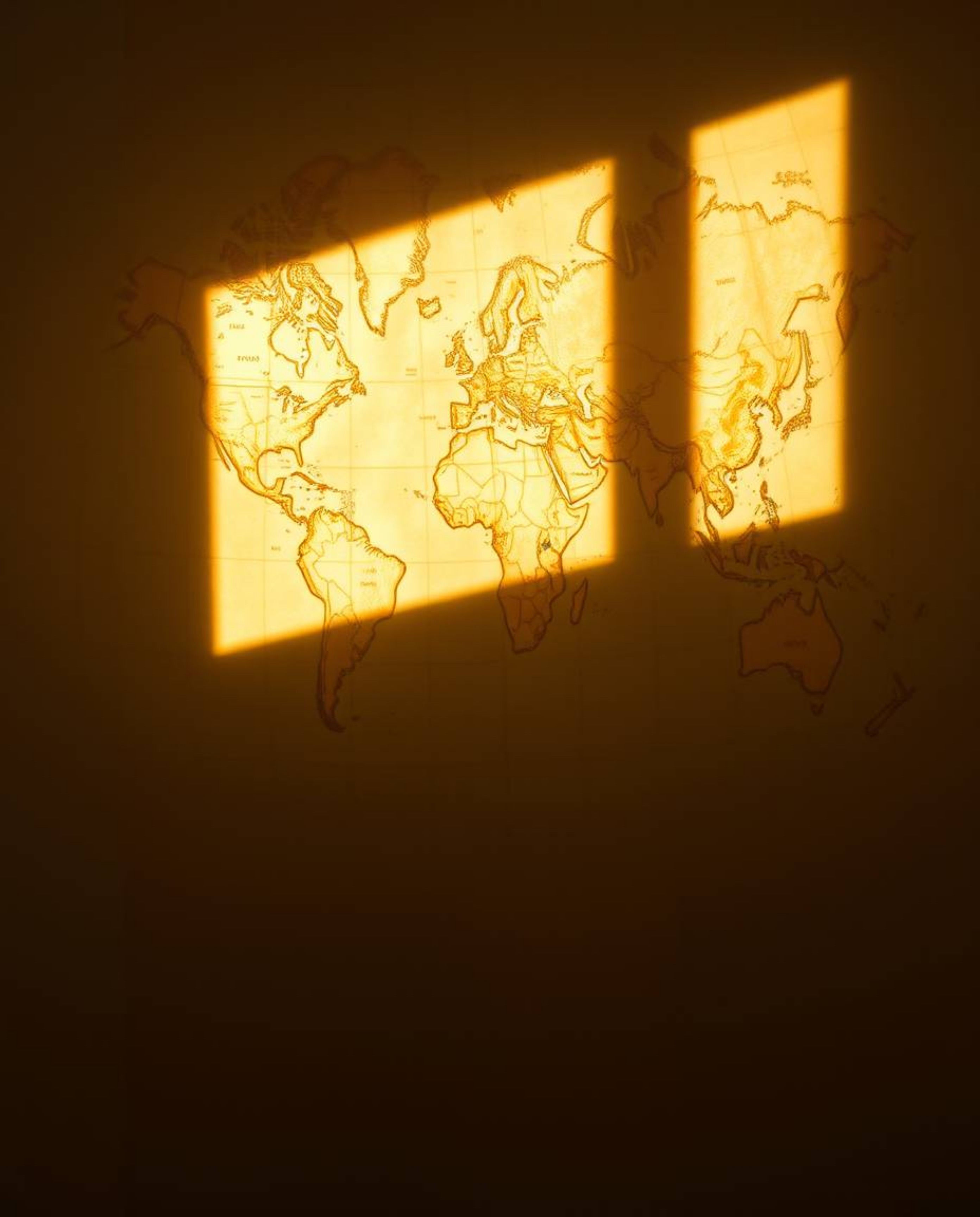 An image of a glowing map projection in an old study, illuminated by gentle soft light. The artwork utilizes natural earth to