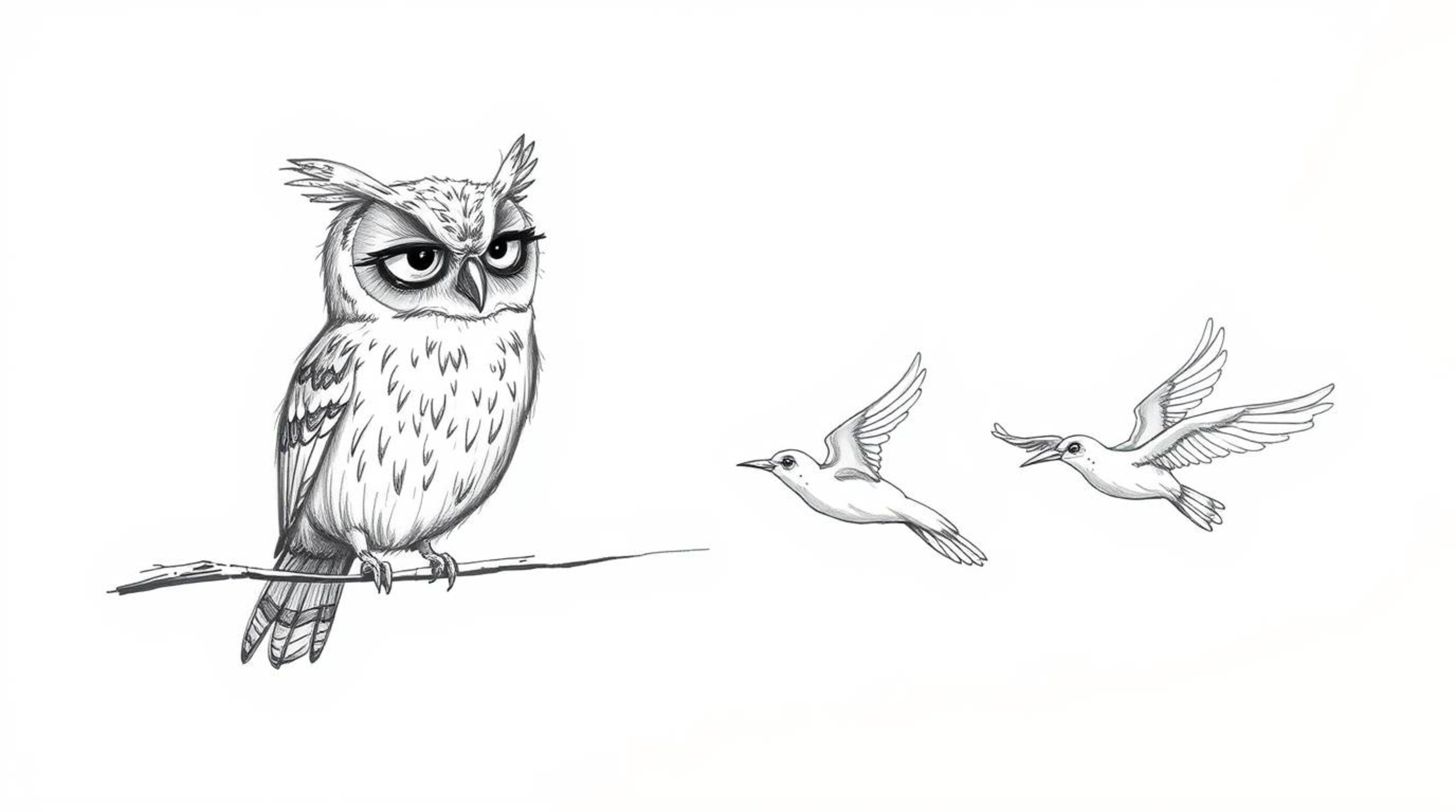 A hand-drawn sketch in the style of Pixar depicts a blind owl teaching birds synchronized harmonious flight. The image featur