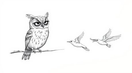 A hand-drawn sketch in the style of Pixar depicts a blind owl teaching birds synchronized harmonious flight. The image featur