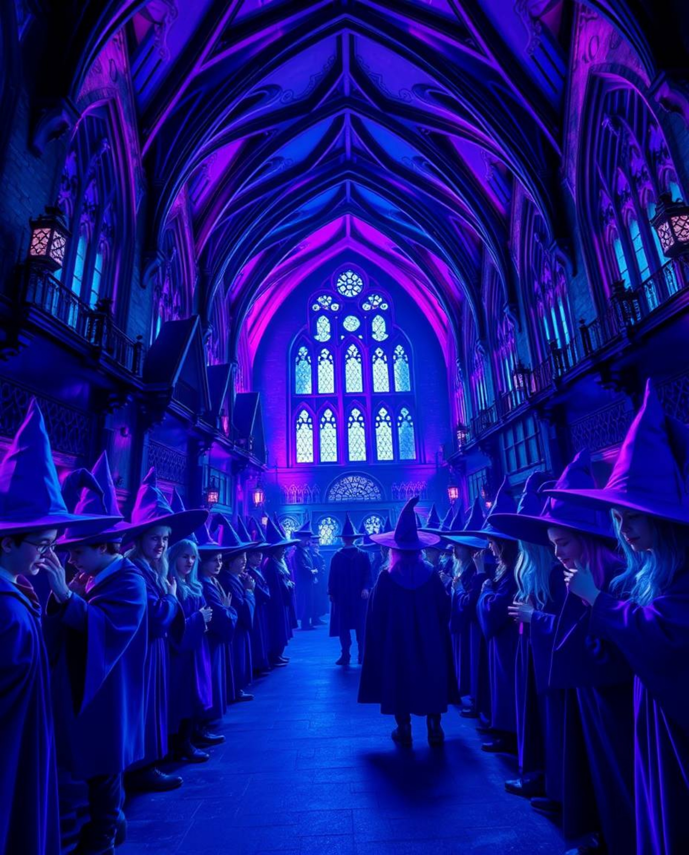 A captivating high-angle perspective image showcasing a magical school brimming with young wizards, rendered in deep ultravio