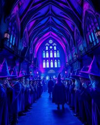 A captivating high-angle perspective image showcasing a magical school brimming with young wizards, rendered in deep ultravio