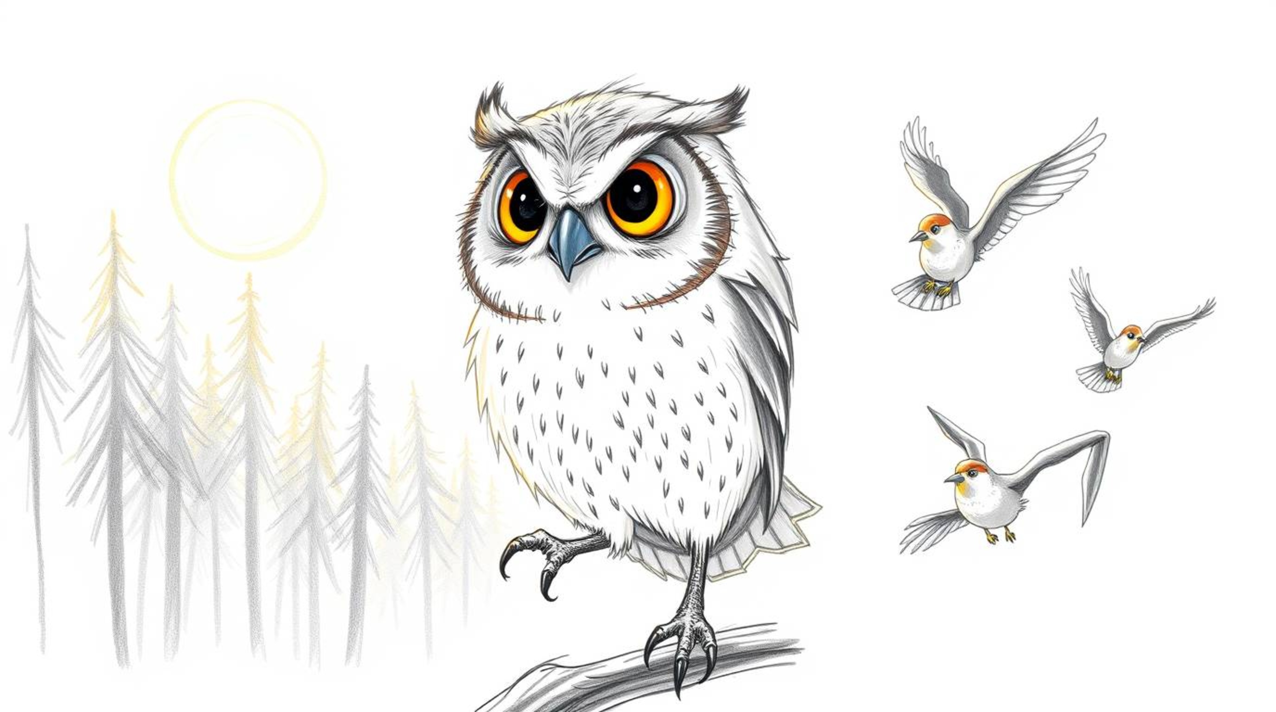 A charming hand-drawn sketch in the style of Pixar, depicting a wise-looking blind owl with soft feathers guiding a diverse g
