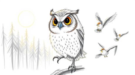 A charming hand-drawn sketch in the style of Pixar, depicting a wise-looking blind owl with soft feathers guiding a diverse g