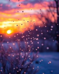 A mystic and enchanting image captures snowflakes falling during a vibrant sunset. This visually stunning scene is characteri