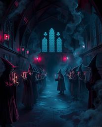 Discover a captivating magical school brimming with young wizards, enveloped in an eerie, creepy atmosphere. Rich burgundy a