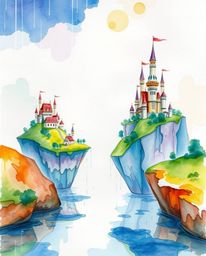 This artwork showcases a delicate watercolor painting of a vibrant kingdom featuring floating islands and majestic castles. T