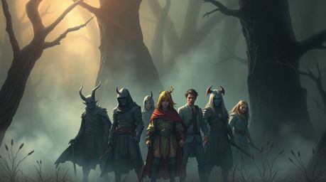 Discover a captivating image of a diverse team of misfit heroes uniting in a mystical, enchanting environment.  The artwork f