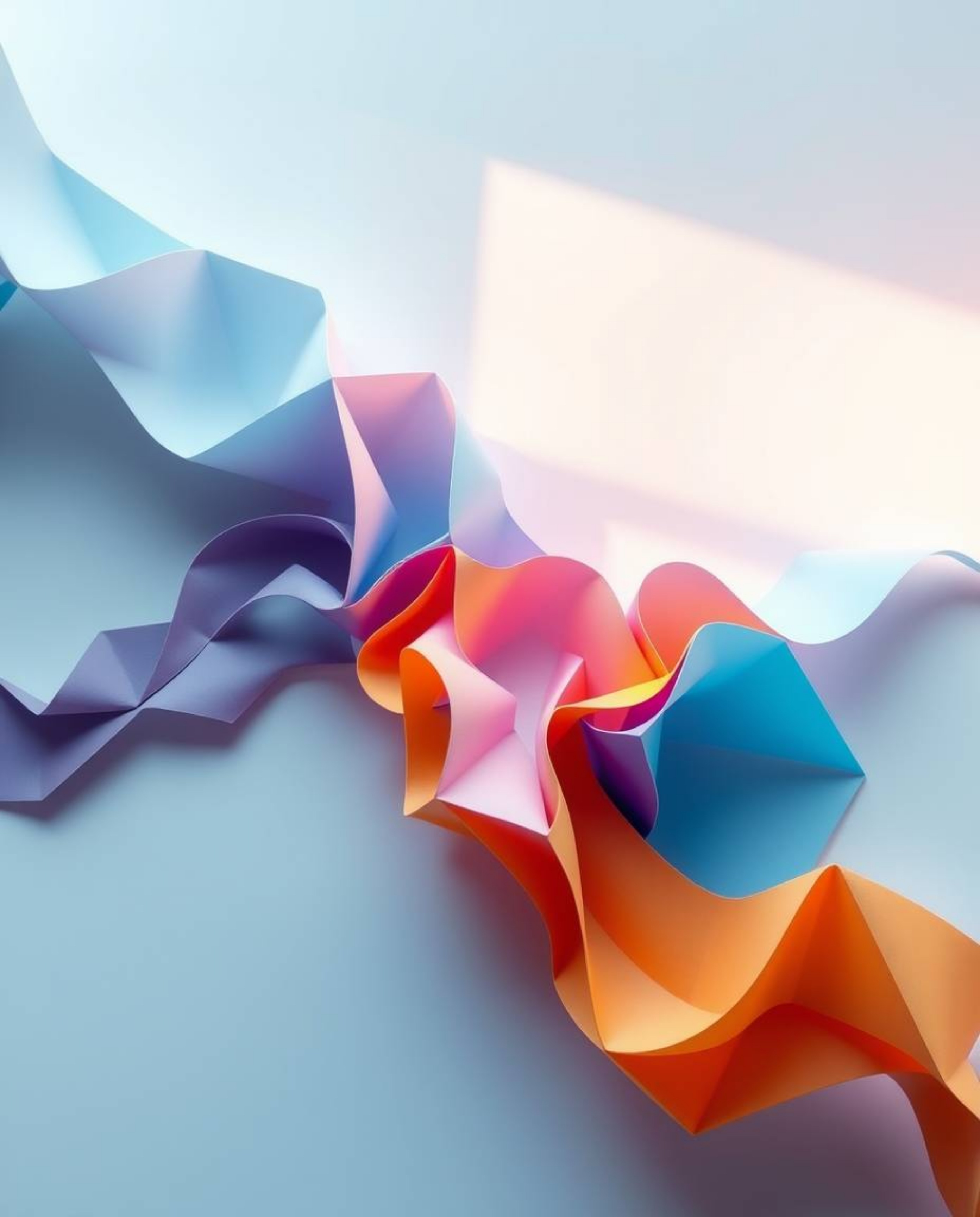 This artwork presents an intricate origami-style image featuring a mesmerizing interplay of colorful 3D fluid shapes and geom