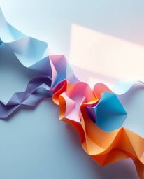 This artwork presents an intricate origami-style image featuring a mesmerizing interplay of colorful 3D fluid shapes and geom
