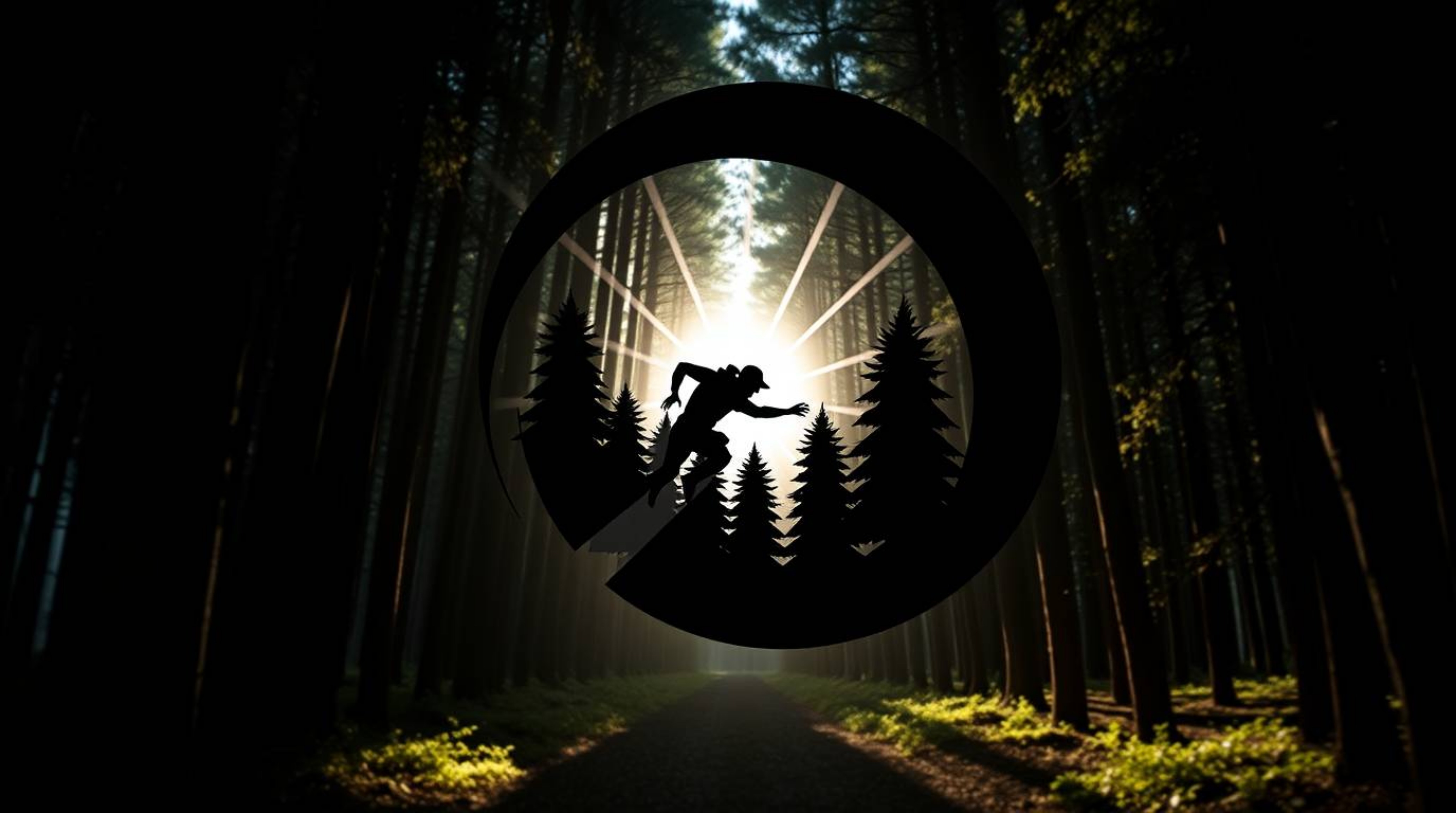 A geometric logo featuring a dynamic chase scene within a looping forest, rendered in high contrast with intense dramatic lig