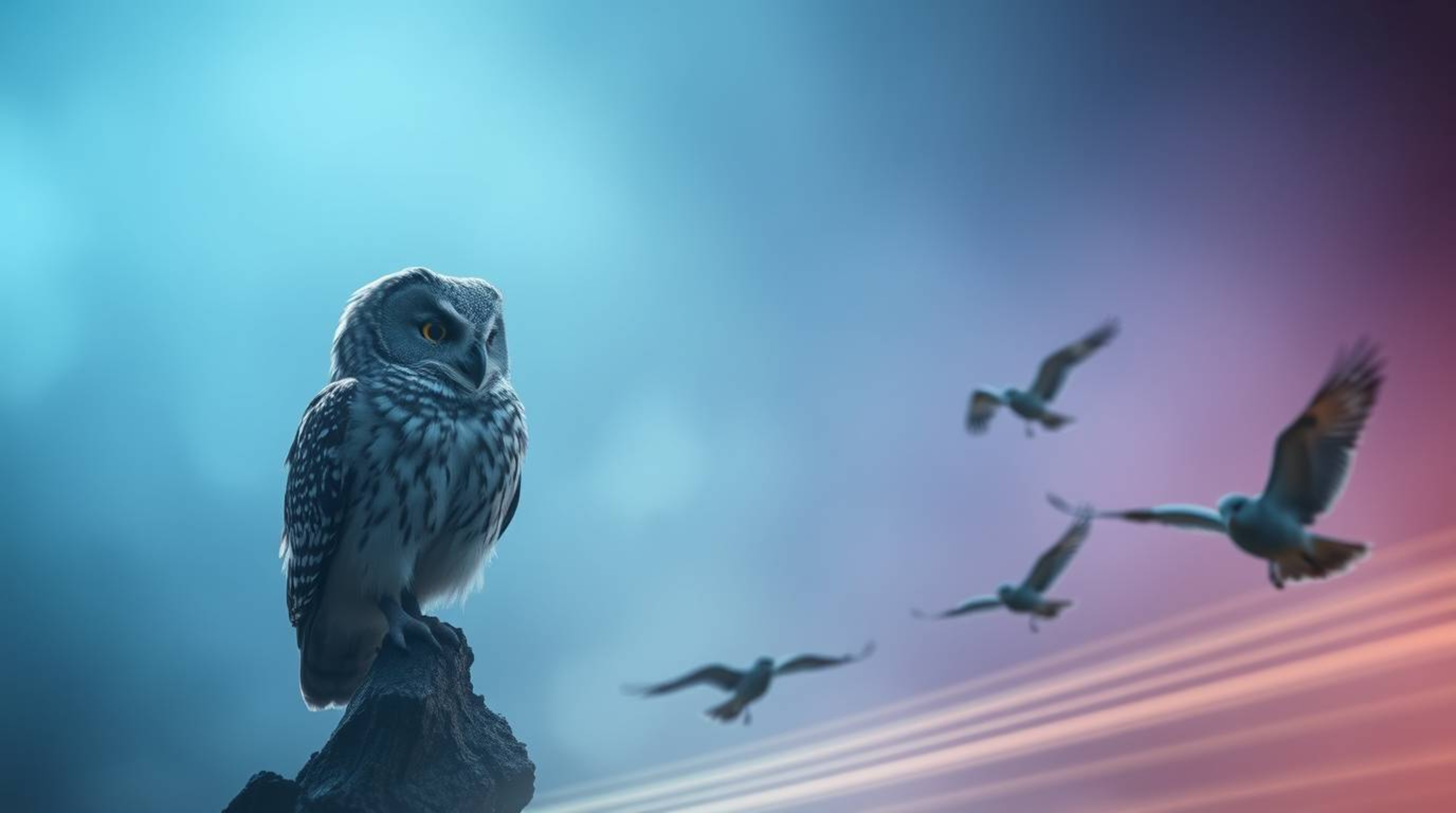 This long-exposure photograph captures a wise, blind owl in a Pixar style as it overlooks its students—birds in flight. A sof
