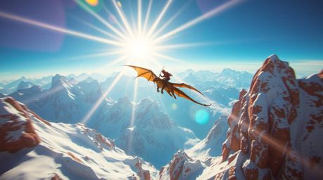 Experience the breathtaking view of a dragon and rider soaring above icy mountains, bathed in a bright lens flare. The warm t