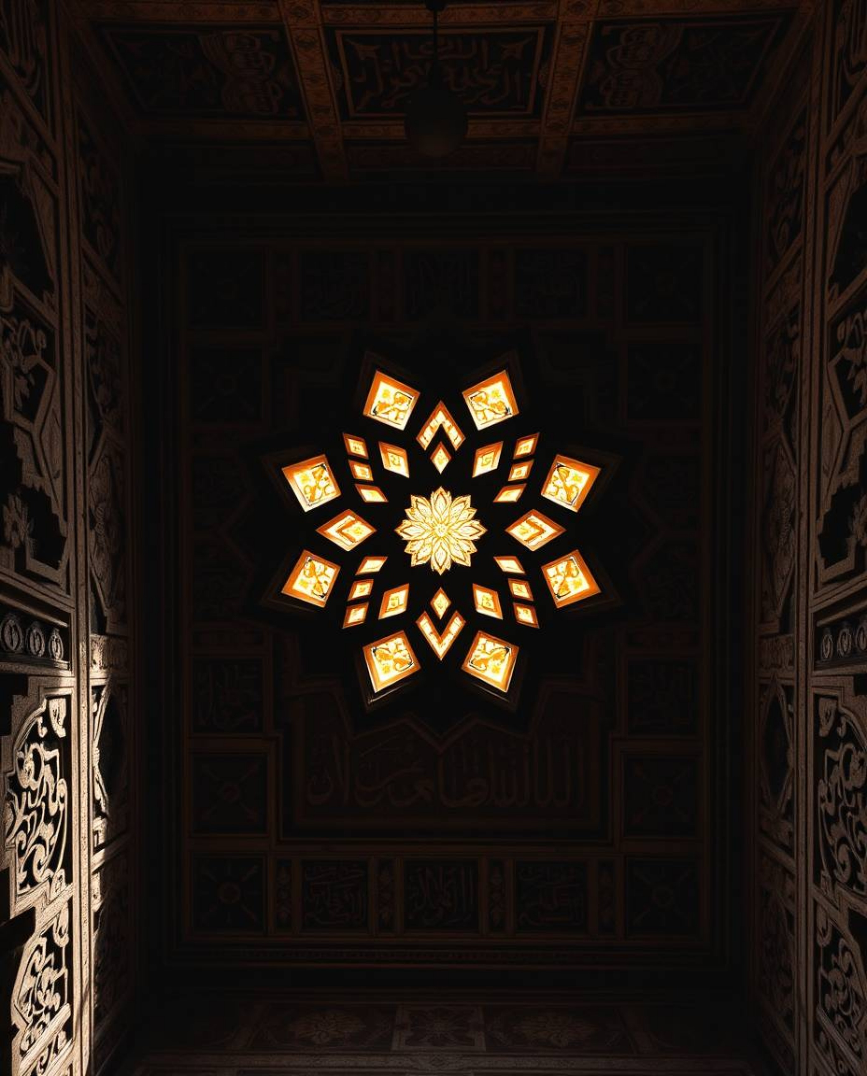An overhead shot showcasing silhouetted Islamic geometric stone carvings with intricate details and historical accuracy. The 