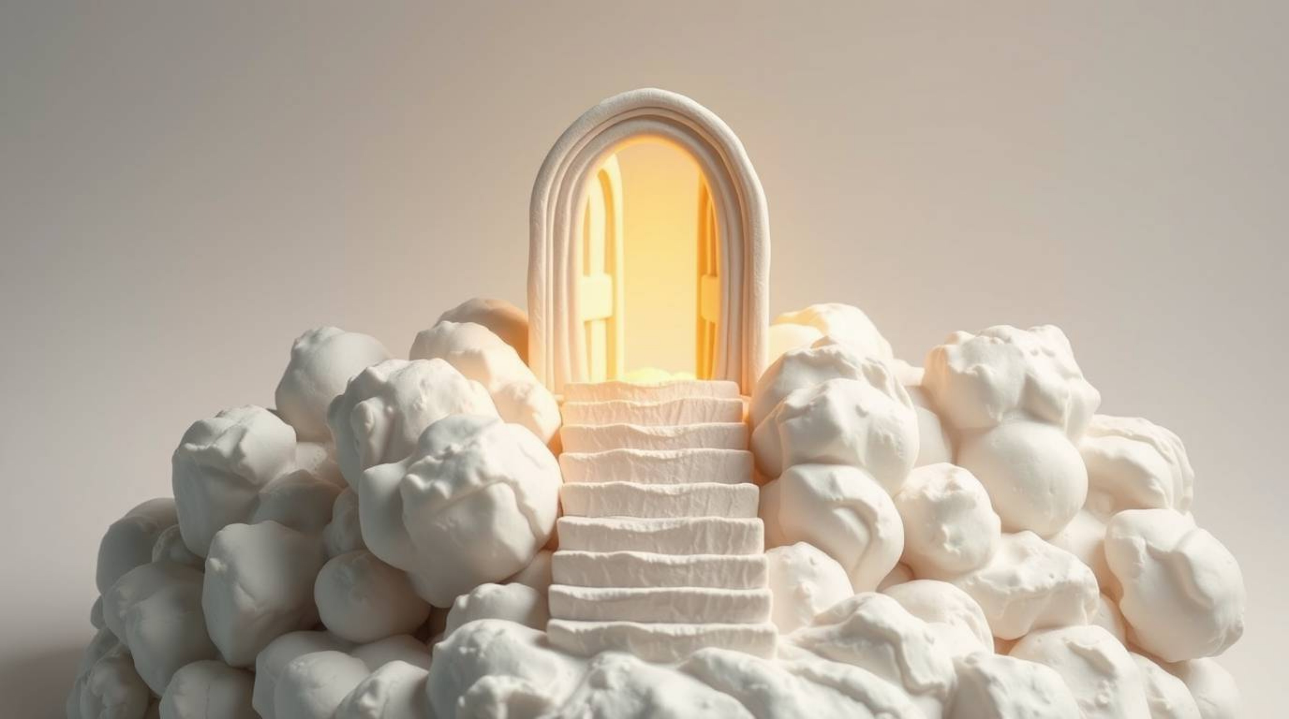 This stunning sculptural clay art depicts a heavenly gate suspended above a sea of clouds, with stairs gracefully ascending t
