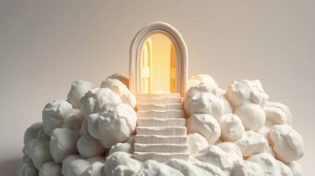 This stunning sculptural clay art depicts a heavenly gate suspended above a sea of clouds, with stairs gracefully ascending t