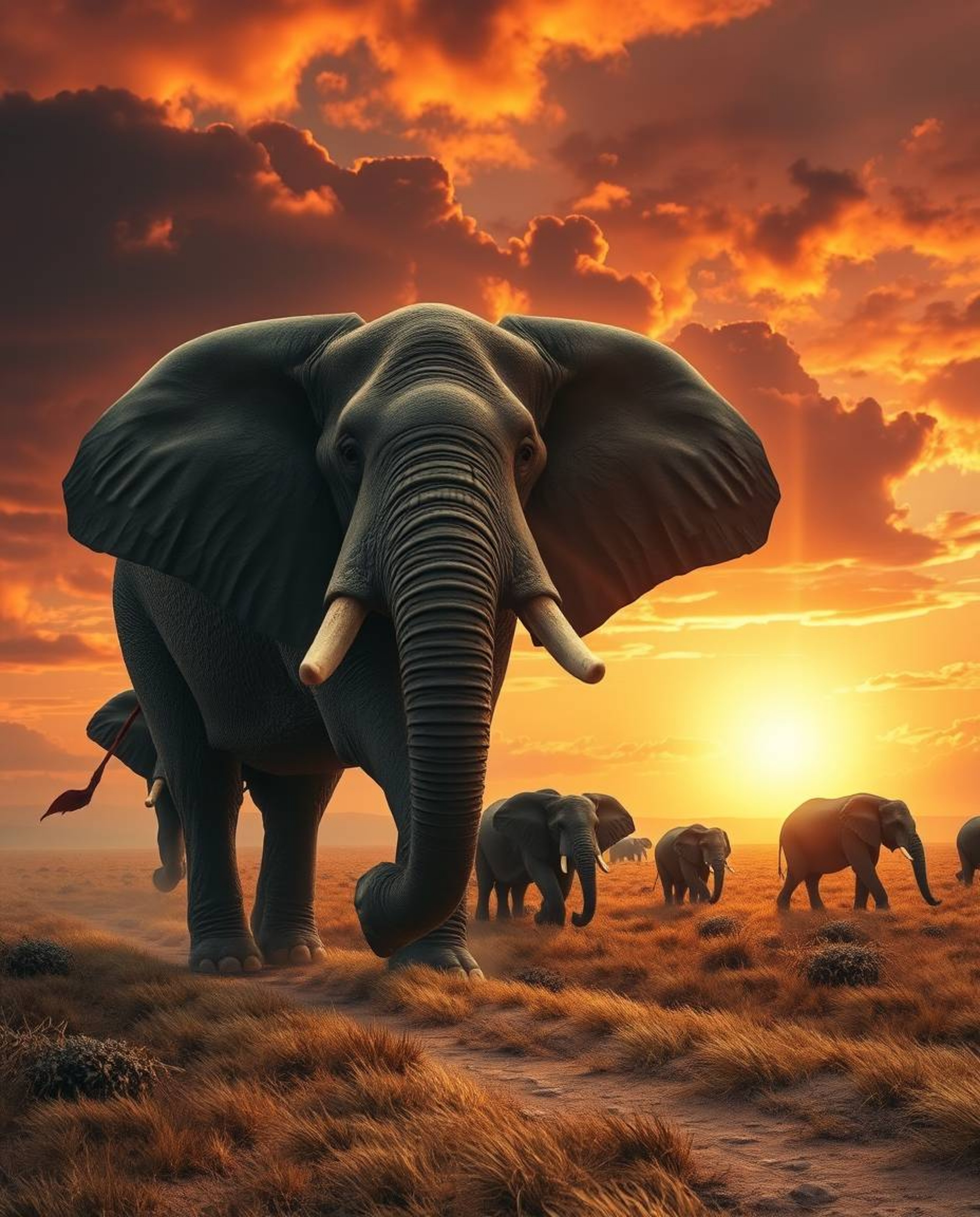 A dreamlike surreal scene of majestic elephants traversing a sunset field, showcasing fantastical elements and bizarre imager