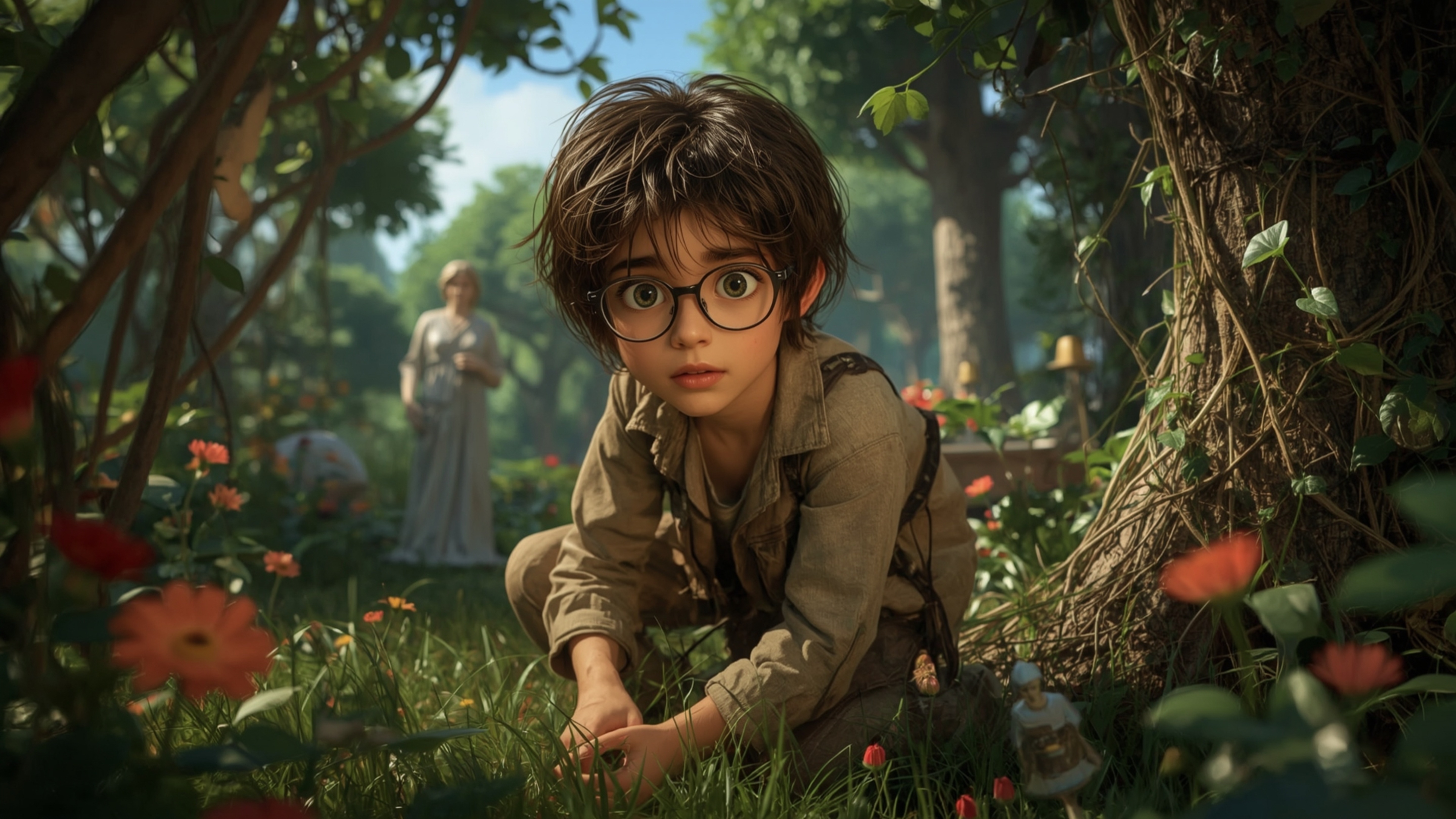A highly detailed, high-resolution stock photo features a bespectacled, curious young person with messy brown hair kneeling a