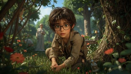 A highly detailed, high-resolution stock photo features a bespectacled, curious young person with messy brown hair kneeling a