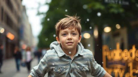 A captivating street photograph depicts a sharply focused young boy seemingly flying with pixie dust above a blurred London s