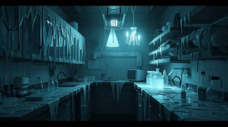 This artwork depicts a slime-covered science lab, rendered with striking high contrast and low-key lighting to emphasize the 