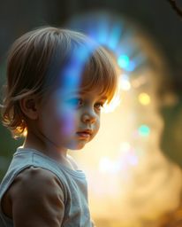 A child, bathed in soft cinematic light, stumbles upon an extraordinary magical portal shimmering with iridescent hues right
