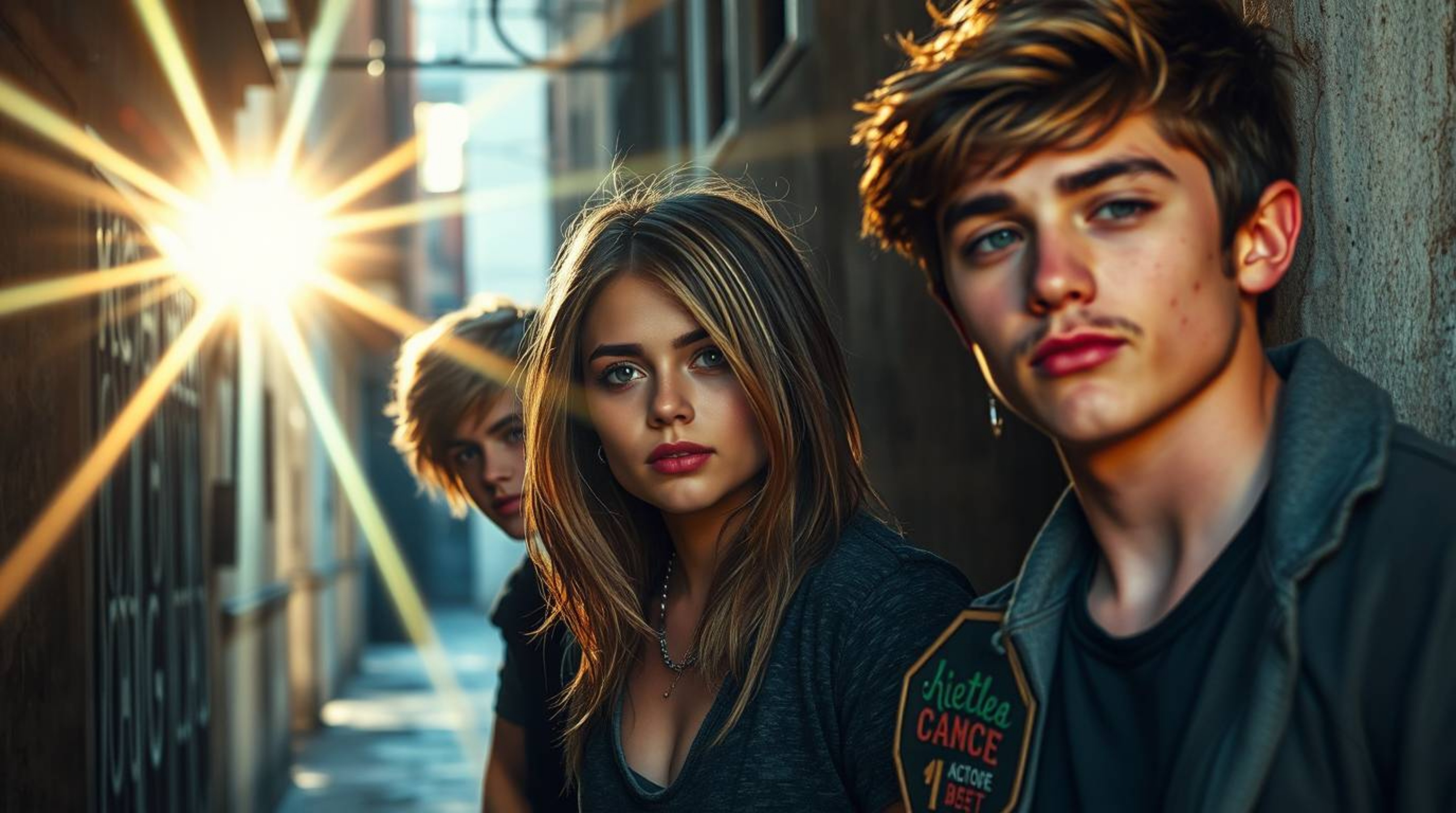 This art piece captures a grungy city alley scene rendered in cast bronze, featuring rebellious teens with defined features a