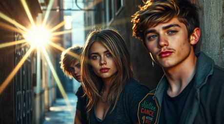 This art piece captures a grungy city alley scene rendered in cast bronze, featuring rebellious teens with defined features a
