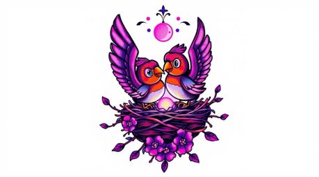 Deep ultraviolet hues illuminate a symbolic traditional tattoo art print featuring two cartoon birds diligently building a ne