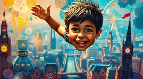 A vibrant digital painting depicts a joyful young boy with light brown skin soaring through the air above a detailed London c
