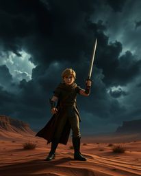 A brave Disney-style hero embarks on a thrilling desert adventure under a dramatic, jet-black stormy sky.  Deep shadows and h