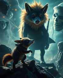 A captivating surreal image portrays a talking animal sidekick assisting a hero on their epic quest.  Intense dramatic lighti