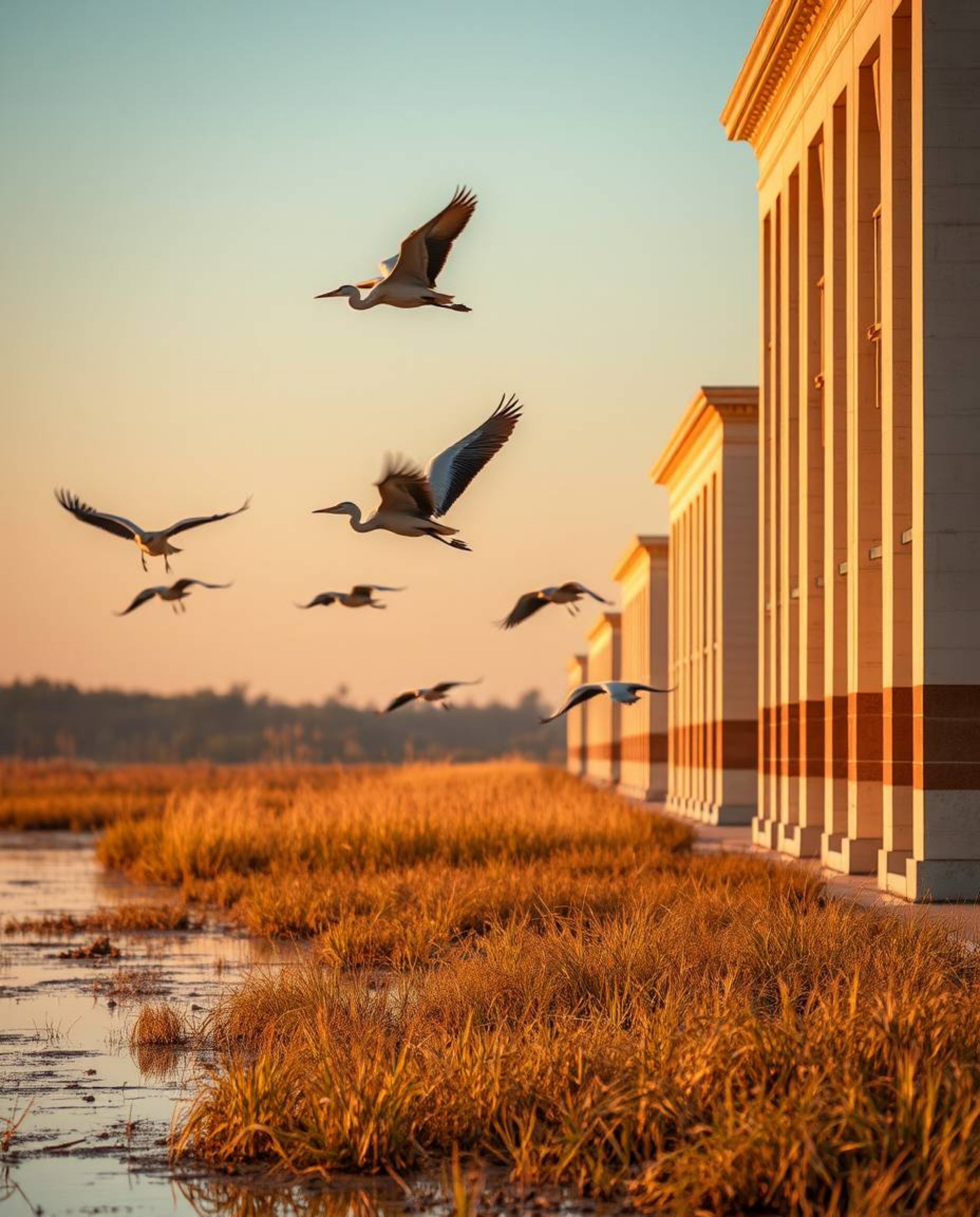A precise architectural color photograph of a golden hour wetlands scene, featuring herons in flight. This image is bathed in