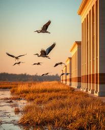 A precise architectural color photograph of a golden hour wetlands scene, featuring herons in flight. This image is bathed in