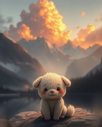 A soft, cinematic digital painting captures a cute and adorable subject near a mountain lake that is reflecting fiery clouds.