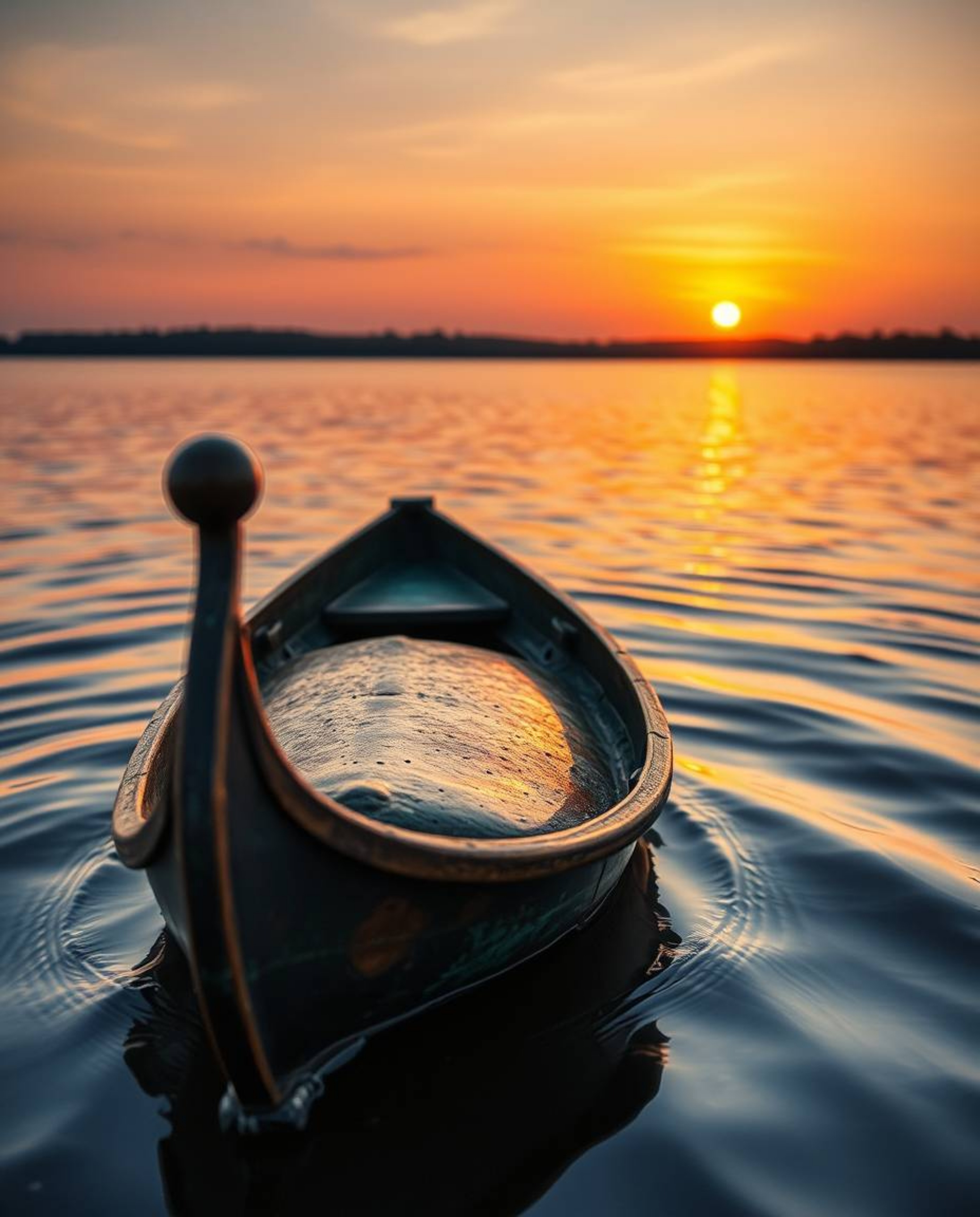 An antique boat, its surface cast in bronze with a patina finish, drifts peacefully on a lake at sunset, the image conveying 