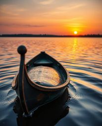 An antique boat, its surface cast in bronze with a patina finish, drifts peacefully on a lake at sunset, the image conveying 