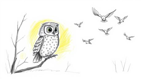 A heartwarming hand-drawn sketch in the style of Pixar depicts a wise, gentle blind owl with soft plumage teaching a flock of